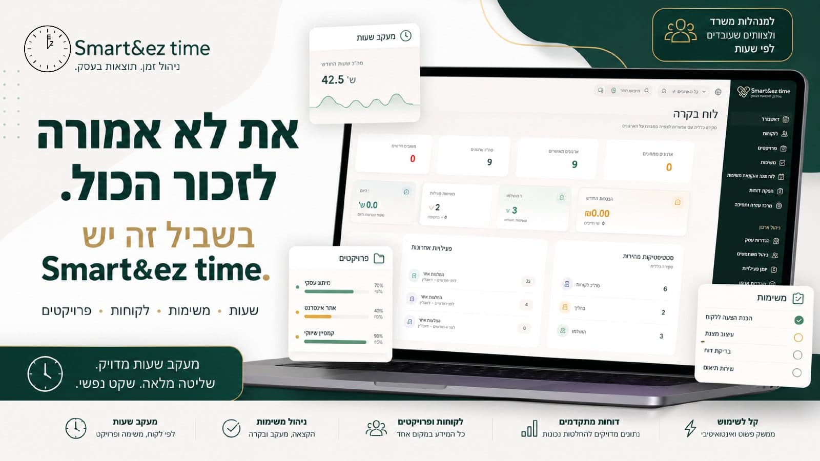 מערכת חכמה לניהול לקוחות, משימות וזמנים למנהלות משרד